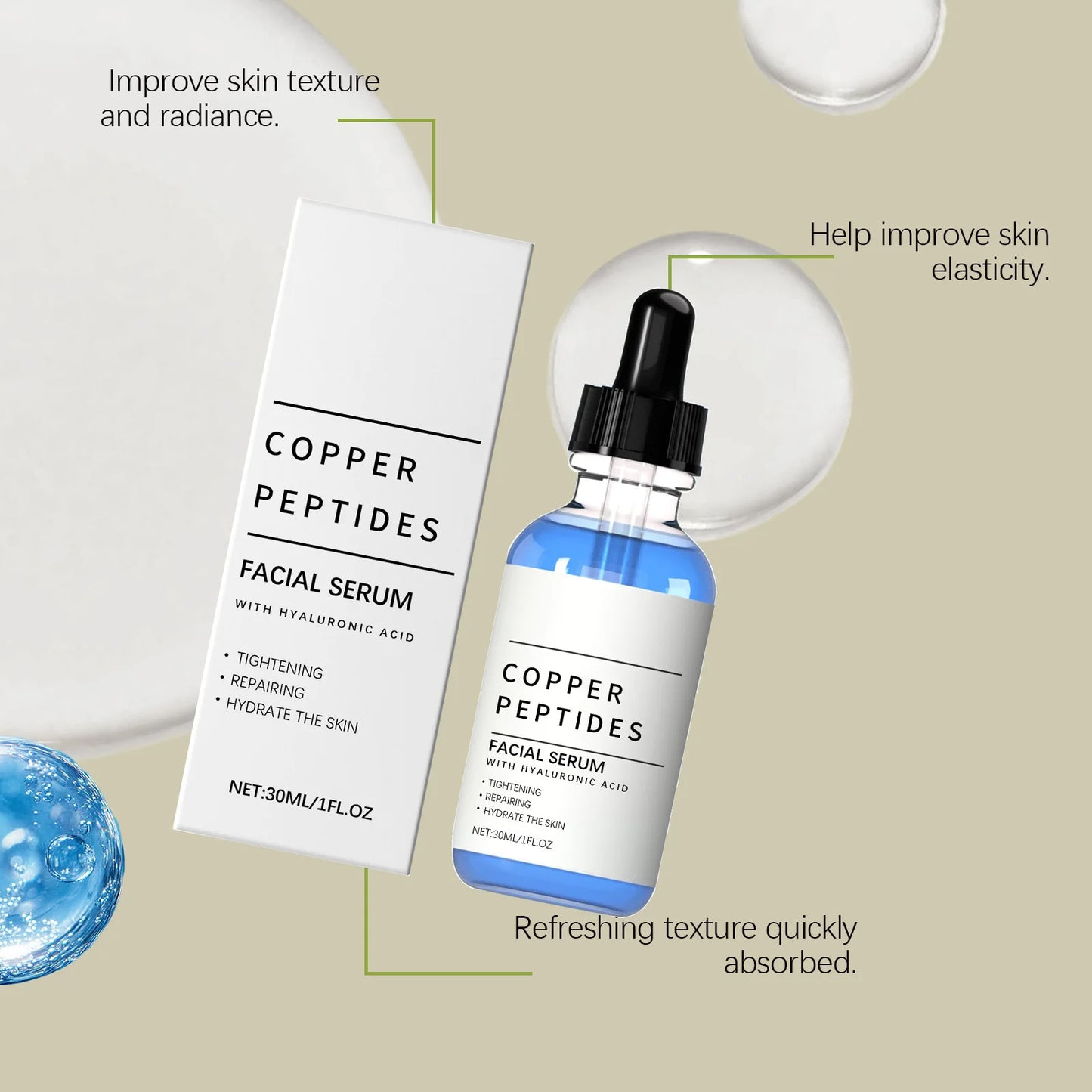 Copper Peptide Serum Anti Wrinkle Remover Antioxidant Tighten Skin Barrier Repair Deep Hydration Hyaluronic Acid Face Serum 30ml